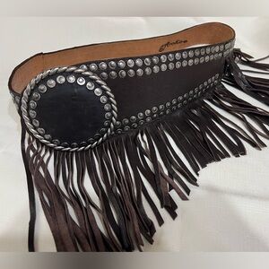 Arohoe Wide Dark Brown Leather Belt with Silver Studs and Fringe
